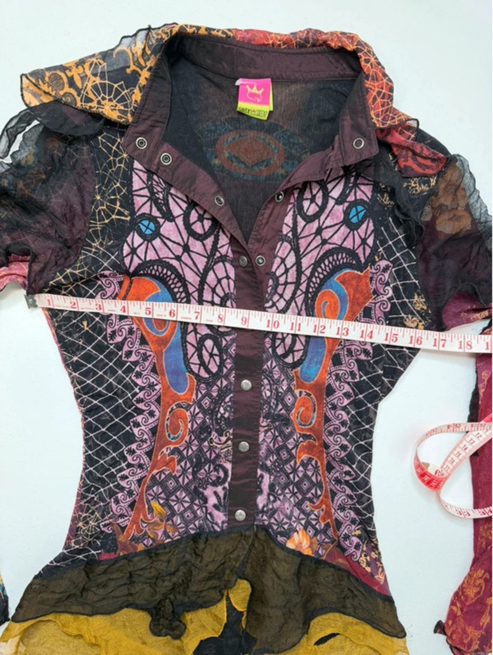 Save the Queen Vintage Gothic Stained Glass Patchwork Shirt Y2K Mesh Ruffle Hem - Picture 5 of 10